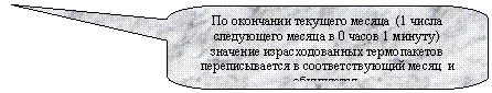 Скругленная прямоугольная выноска: По окончании текущего месяца (1 числа сле-дующего месяца в 0 часов 1 минуту) значение израсходованных термопакетов переписывается в соответствующий месяц и обнуляется.